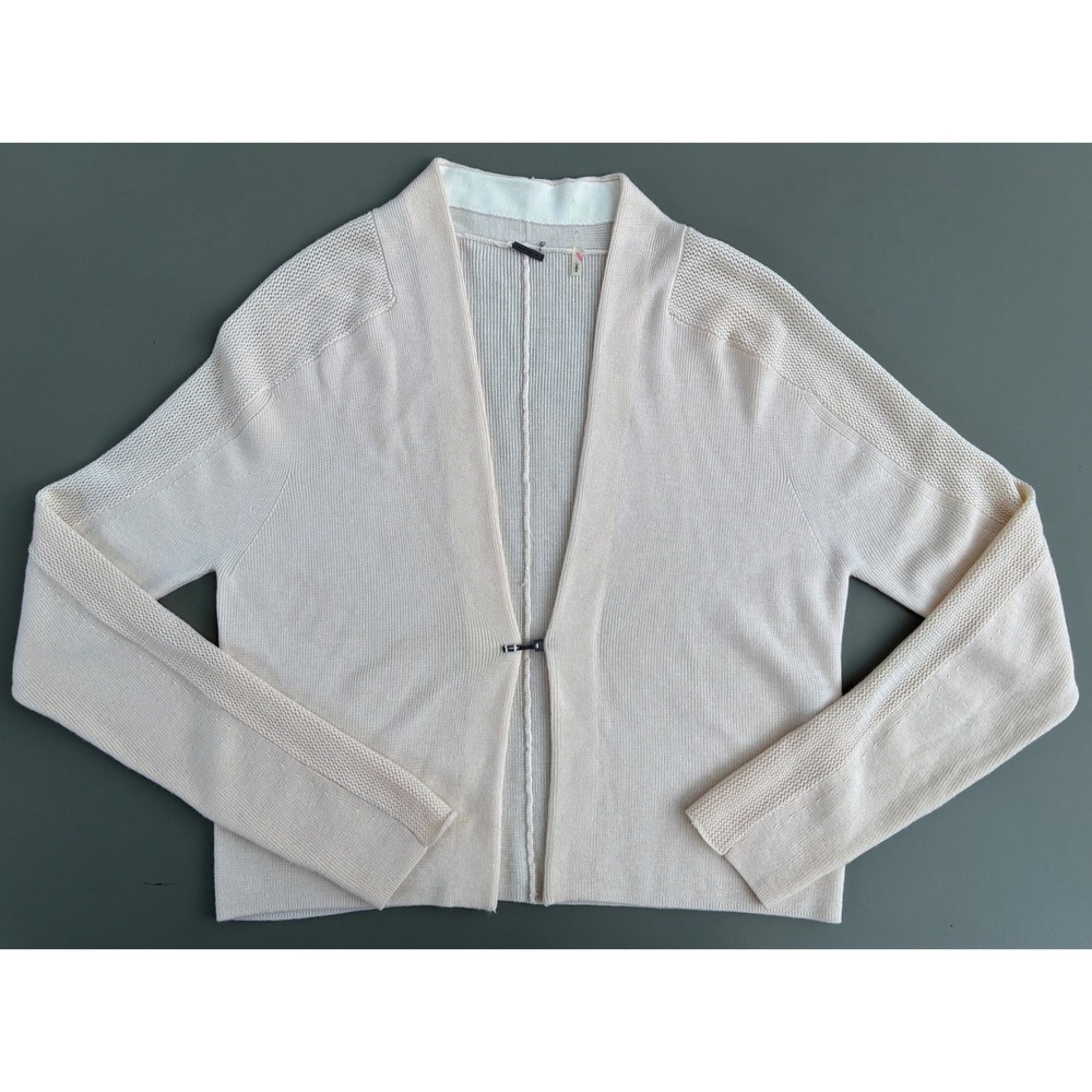 Elie Tahari Cream Extrafine Merino Wool Cardigan Mesh Detail Hook Closure L